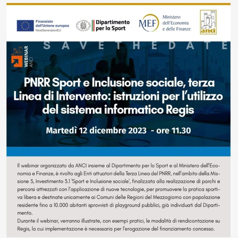 Pnrr Sport e inclusione sociale, terza Linea di Intervento: istruzioni per l&rsquo;utilizzo del sistema informatico Regis