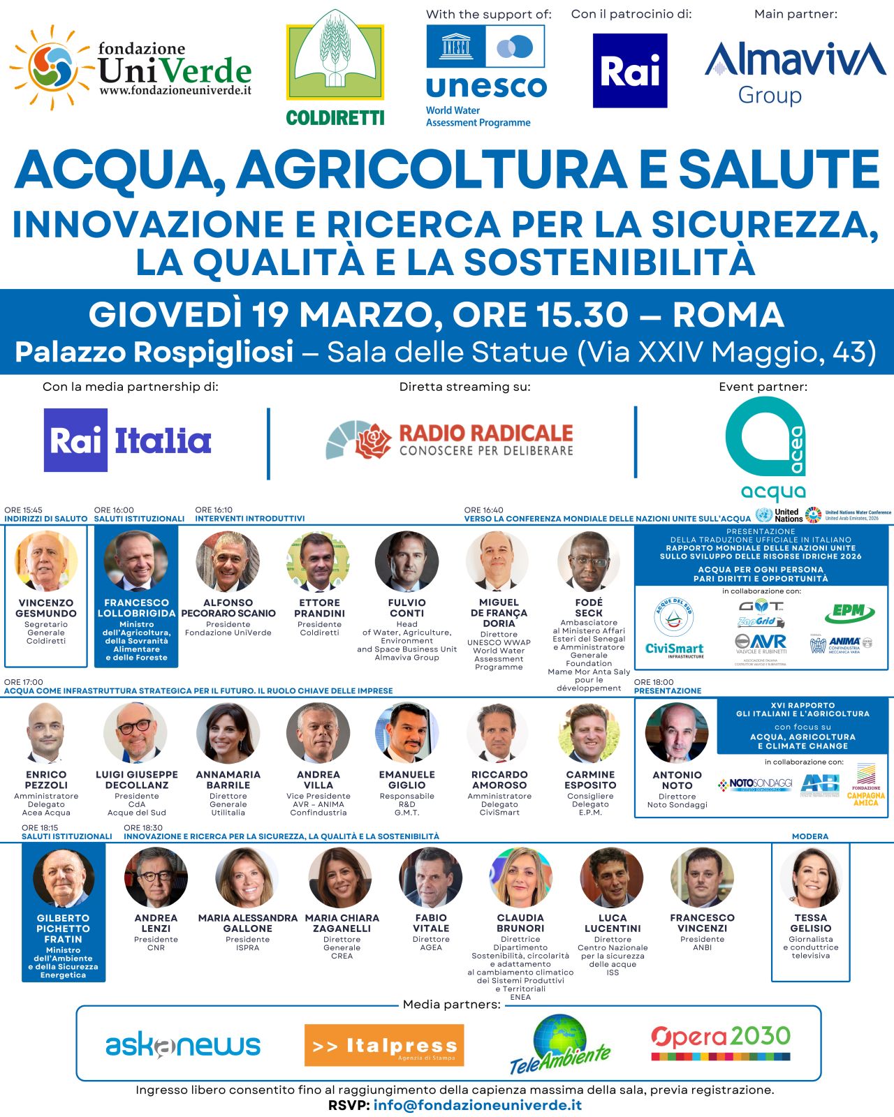 Acqua, agricoltura e salute. Innovazione e ricerca per la sicurezza, la qualit&agrave; e la sostenibilit&agrave;
