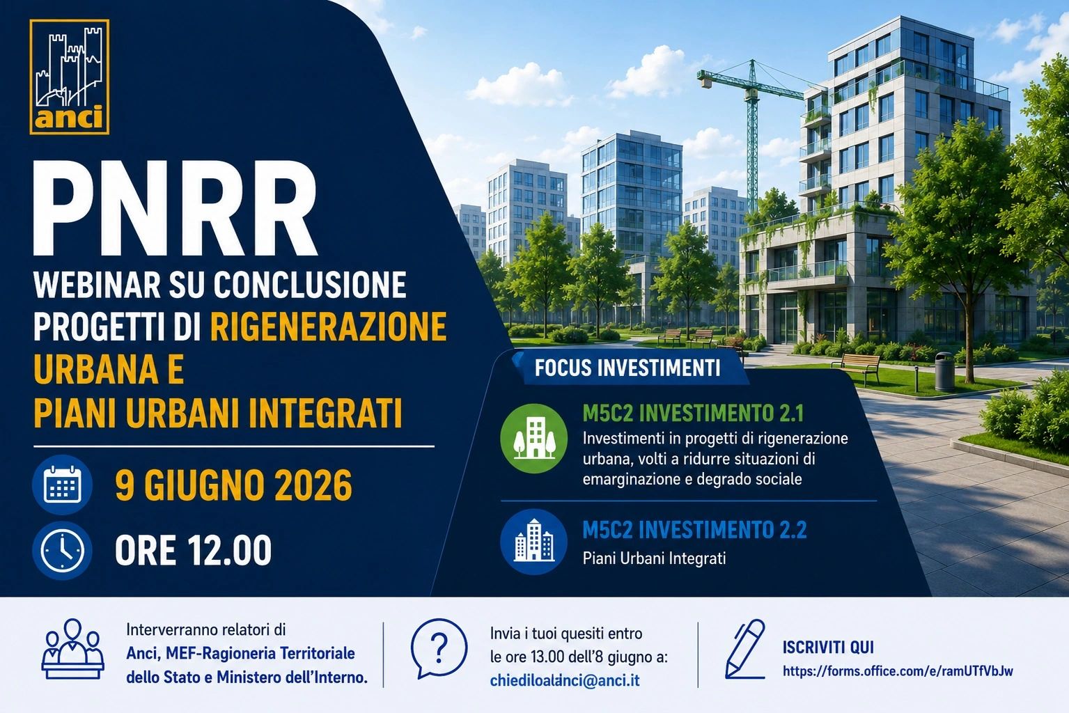 PNRR: webinar su conclusione progetti Rigenerazione Urbana e Piani Urbani Integrati