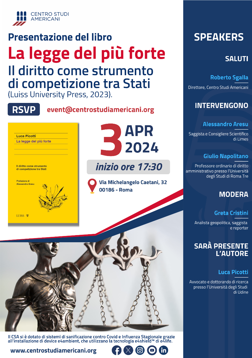 Presentazione del libro: “La legge del più forte: Il diritto come strumento di competizione tra Stati”