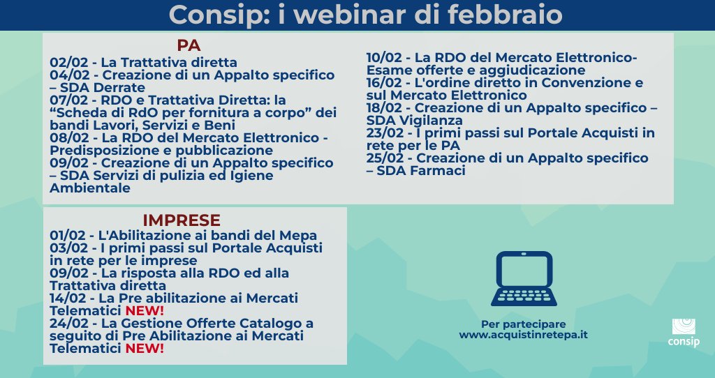 15 nuovi Webinar-Consip nel mese di febbraio per guidare PA ed imprese nell&rsquo;utilizzo degli strumenti di eProcurement