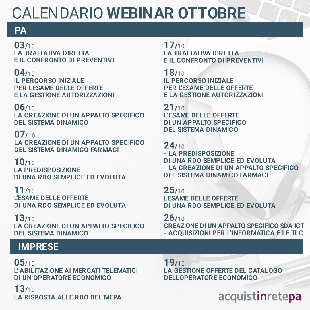 17 nuovi Webinar-Consip nel mese di ottobre per guidare PA ed imprese nell’utilizzo degli strumenti di eProcurement