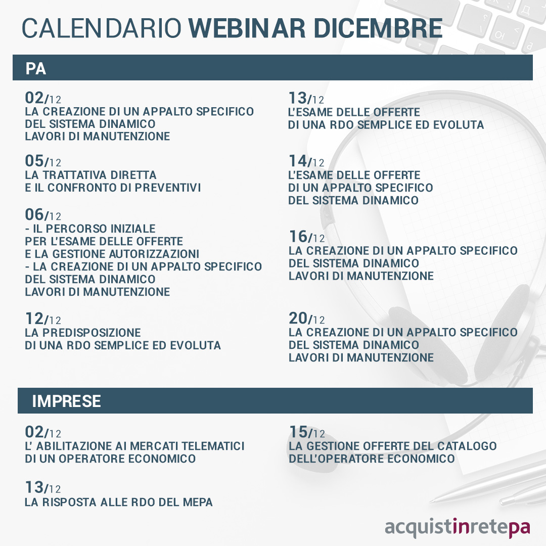 12 nuovi Webinar-Consip nel mese di dicembre per guidare PA ed imprese nell&rsquo;utilizzo degli strmenti di eProcurement