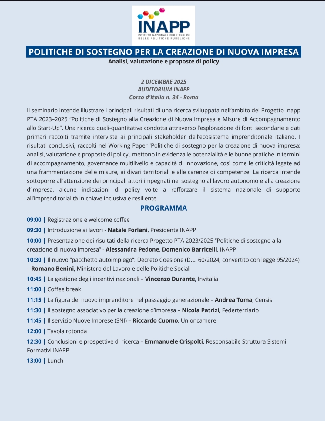 Politiche di sostegno per la creazione di nuova impresa. Analisi, valutazione e proposte di policy 