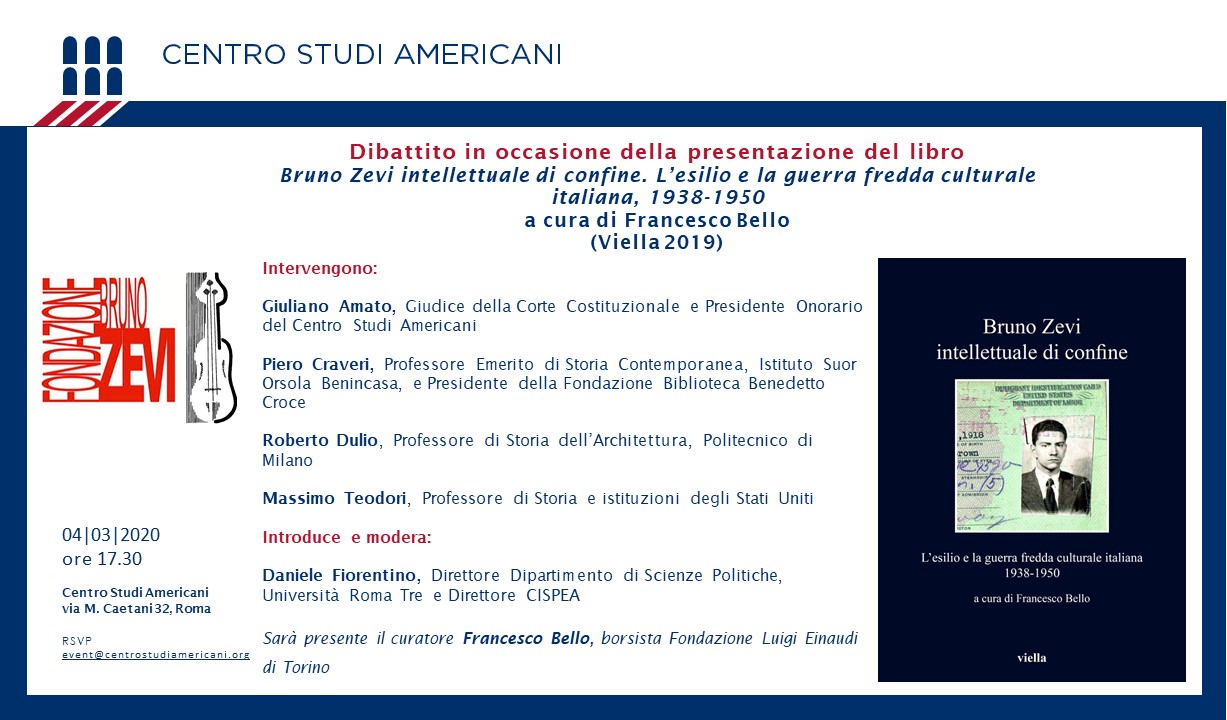 Presentazione del volume: "Bruno Zevi intellettuale di confine. L’esilio e la guerra fredda culturale italiana, 1938-1950"