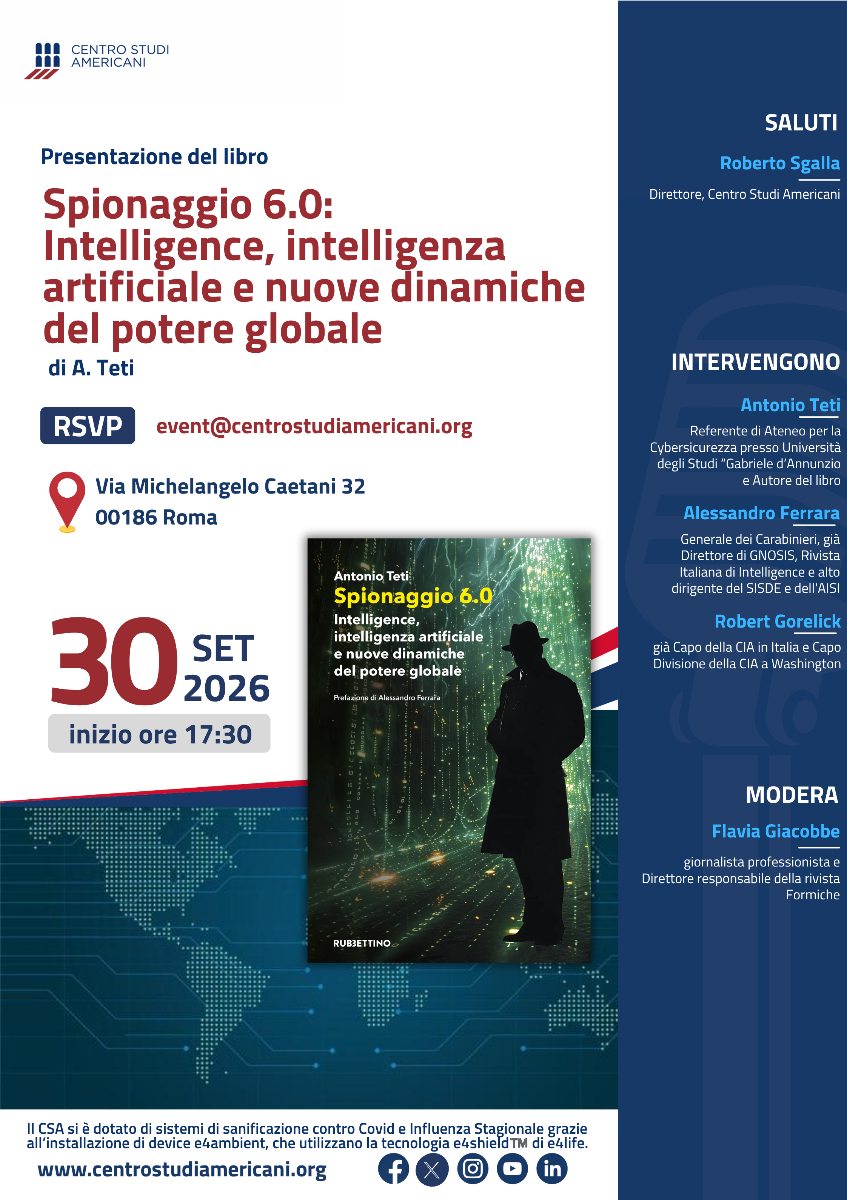 Presentazione del libro: “Spionaggio 6.0: intelligence, intelligenza artificiale e nuove dinamiche del potere globale”