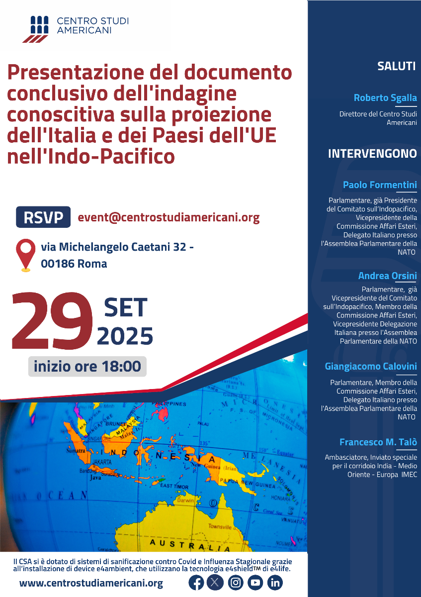 Presentazione del documento conclusivo dell’indagine conoscitiva sulla proiezione dell’Italia e dei Paesi dell’UE nell’Indo-Pacifico