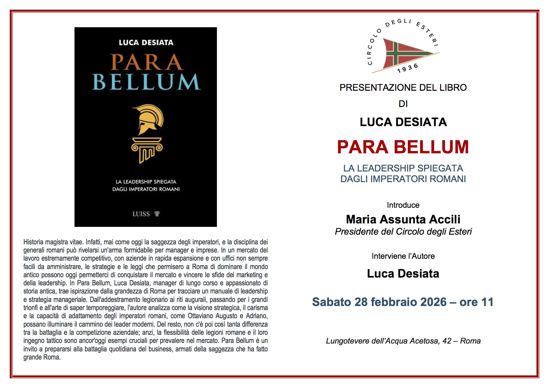 Presentazione del libro: "Para bellum - La leadership spiegata dagli imperatori romani"