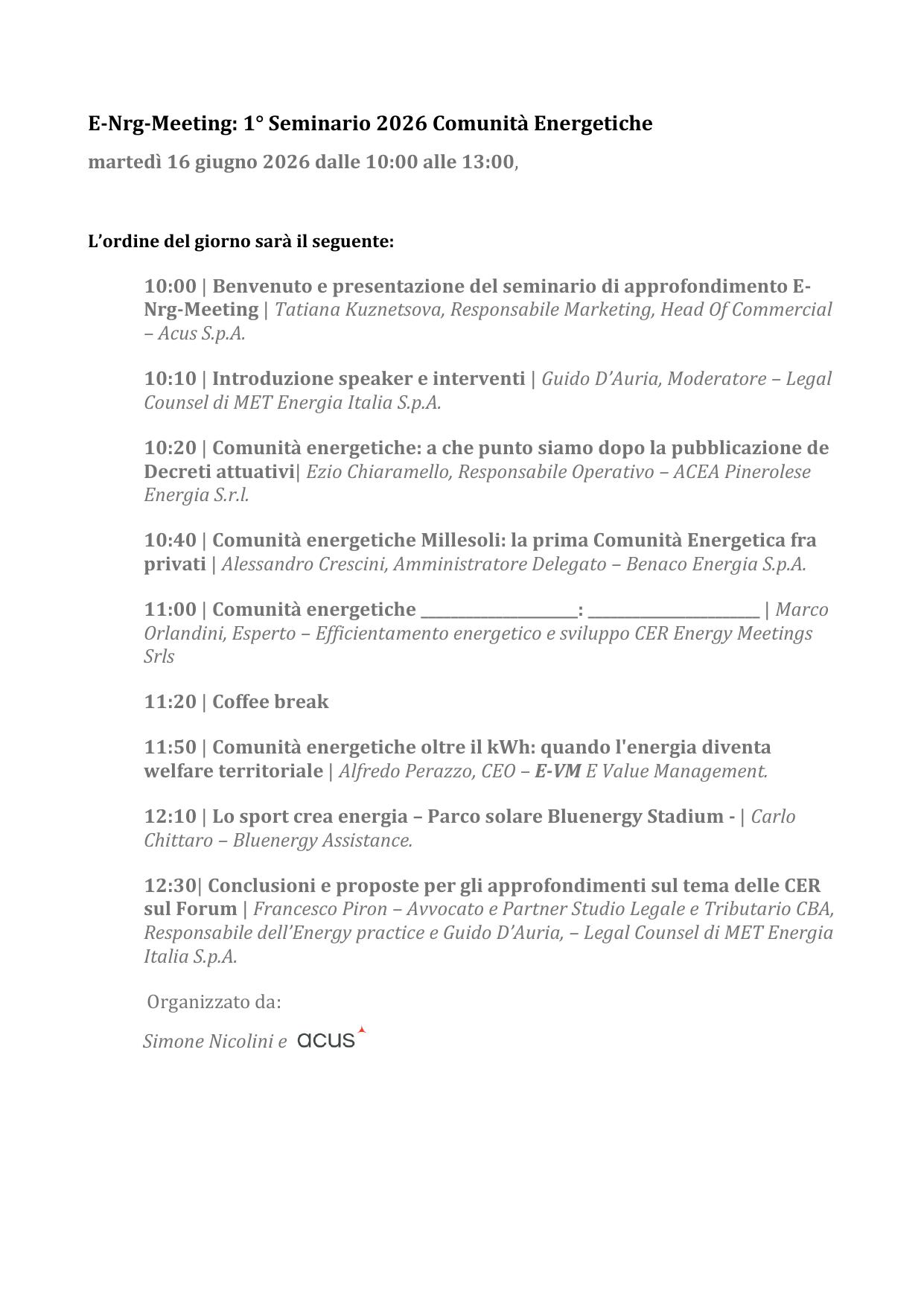 E-Nrg-Meeting: Seminario 2026 Comunità Energetiche  